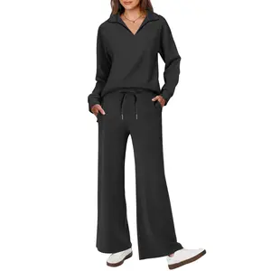 ANRABESS Women's 2 Piece Outfits Lounge Sets Casual Long Sleeve Sweatsuits Polo Top Wide Leg Pants Fall Sweat Matching Sets