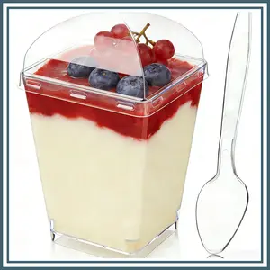 Premium 50 Pack 5 oz Dessert Cups with Dome Lids & Spoons   Plastic Pudding Cups for Parties Individual Banana Pudding Jello Yogurt Fruit Trifle