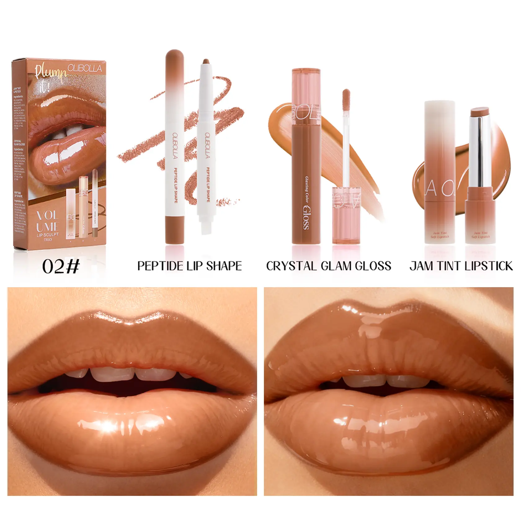3-in-1 Volume Lip Sculpt Trio Set, Peptide Lip Shape Liner, Crystal Glam Gloss & Jam Tint Lipstick Kit for Plumper, Full Lips, Moisturizing High-Shine Glossy Lip Duo Gift Set