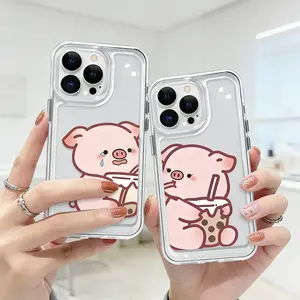 Cute Couples Milk Tea Crying Pig Phone Cases for iPhone 17Promax 16/15/14/13/12/11/X Shockproof Protective Cover Screen Protector Protection Aesthetic Casing Cellphone Smartphone