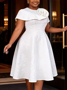 Elegant Chic White A Line Dress Women Lady Floral Jacquard Cape Sleeve Midi Dress Wedding Guest Church Dress Big Flower Detail High Waist Flow Formal Party Occasion Dress Womenswear