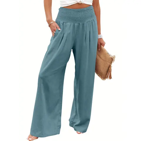 ANRABESS Women's Comfy Linen Palazzo Pants - Summer Boho, High Waist, Wide Leg, Casual Lounge Bottoms for Beach Travel Vacation Outfits