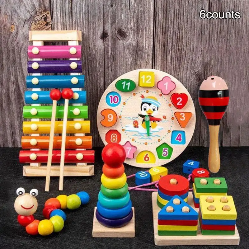 6 count/setSmall size wooden educational learning toys for boys and girls aged 3-6, Montessori toys(Bell and maraca,2 styles random), rainbow tower st