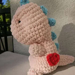 Crochet Dinosaur with Red Heart and Blue Spikes - Soft and Cozy