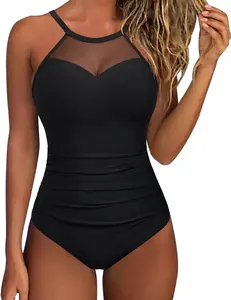 Women Tummy Control One Piece Swimsuit Sexy Mesh High Neck Bathing Suit