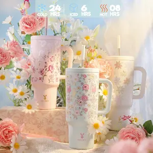 New Meoky New arrival: Sunlight-activated color change 40oz Sunlight Floral Print Tumbler with Handle & Straw, 24H Cold Insulated 304 Stainless Steel Travel Mug, Leakproof Non-Slip Iced Coffee Cup for Car, outdoor，Office & Daily Use