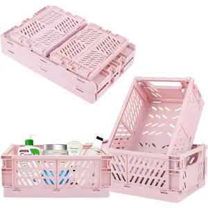 Plastic Baskets for Desk Organizing, Drawer Organizer, 2 Medium+2 Small Durable Folding Storage Crate for Home Kitchen Classroom Office Bedroom and Bathroom (Pink)