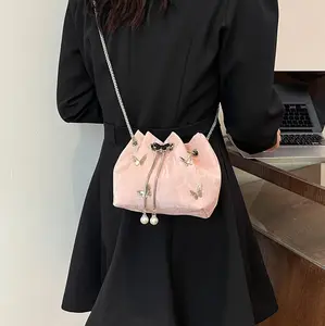 Mini Butterfly Bucket Bag with Drawstring,Chain Crossbody Purse, Chic Small Shoulder Bag for Women