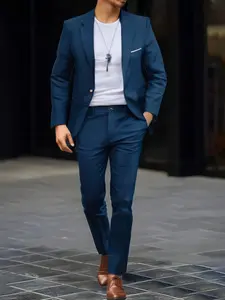 Men's Solid Color Button Front Blazer & Pants Two-piece Set, Slim Business Formal Suit Set for Work Office, Menswear for All Seasons, Long Sleeve Workwear