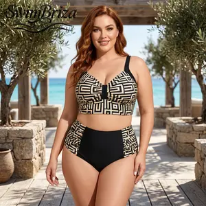 Briza｜Women's Plus Size Two Piece Bikini Set Longline Top High Waisted Bottom Black Ivory Geometric Maze Print Tummy Control Swimsuit Supportive Bathing Suit Vacation Beachwear Summer Pool Swimwear, Women's Swimwear, Bathing Suit for Women