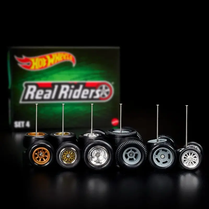 RLC Exclusive Real Riders Model Car Wheels Pack - 4-Piece Random Treasure Set for Cars, Racing Use, with Stock Hubs, Slick Designs, Slotted Designs, Metallic Copper-Painted Hubs, 12-Spoke Drag Wheels, Model Cars