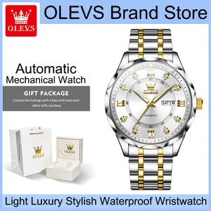 OLEVS 6727 Men's Automatic Mechanical Watch, Luxury Business Dress Wristwatch, 42mm Silver Dial with Rhinestone Roman Numerals, Day & Date Display, Luminous Hands, Water Resistant Stainless Steel Watch, Ideal Timepiece for Daily & Business Occasions