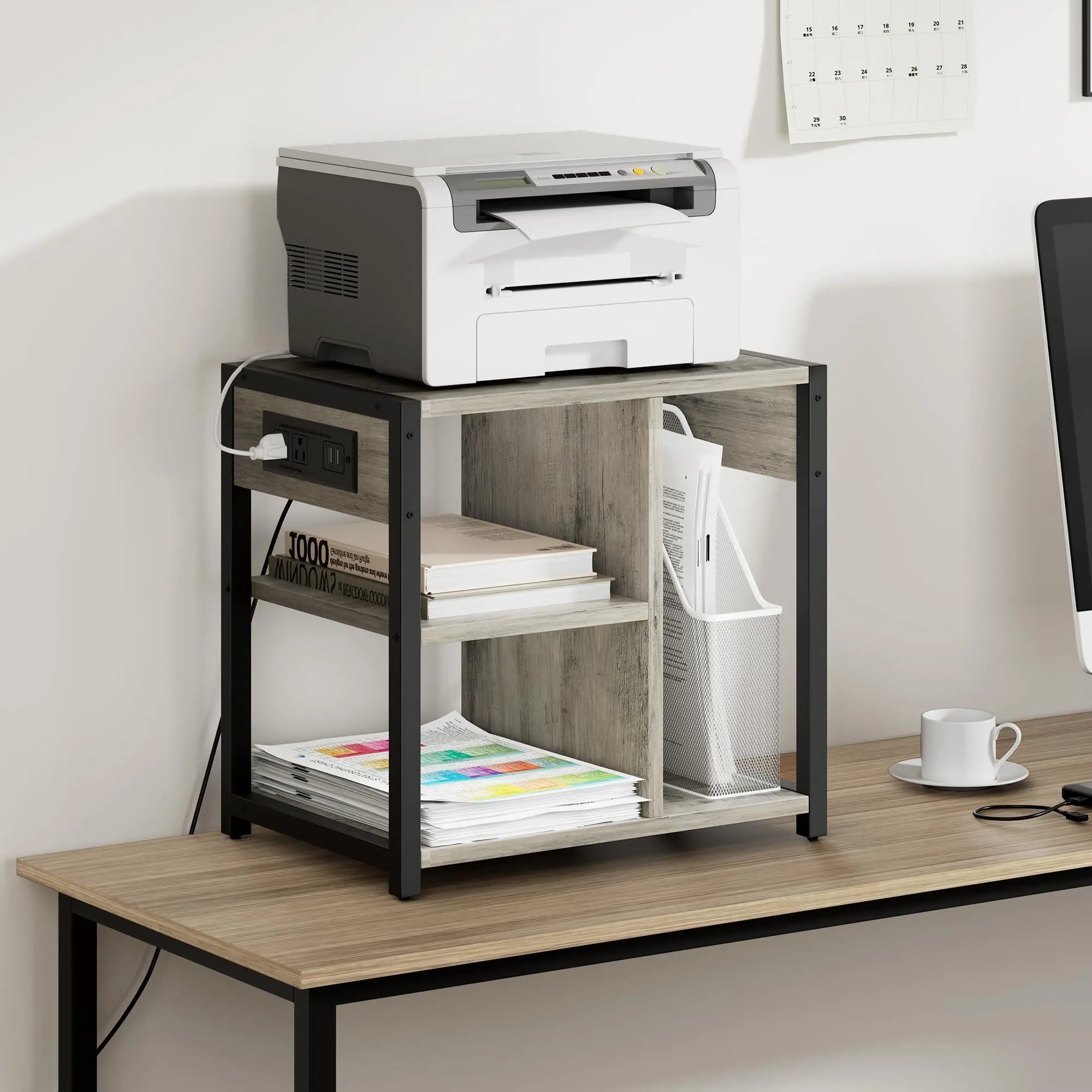 Under Desk Printer Stand with Charging Station, 3-Tier Industrial Mobile Printer Table with Lockable Wheels & Shelves, Printer Cart for Home Office, Small Space, Gray