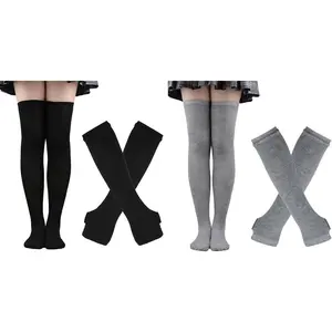 4 Pairs Womens Striped Arm Warmers Goth Y2K Knitted Fingerless Gloves with Long  High Socks Set