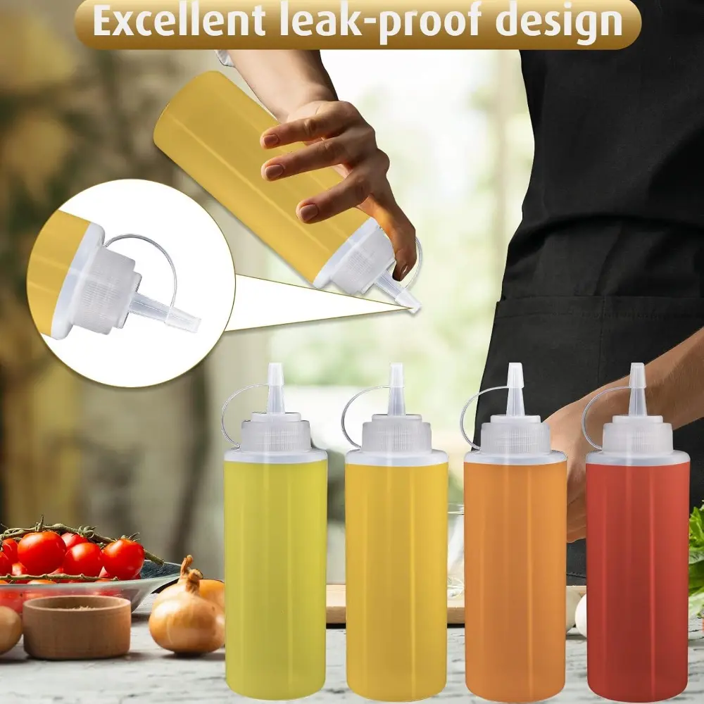 8-Pack 12oz (360ml) BPA-Free Plastic Refillable Seasoning Squeeze Bottles - Wide Mouth Leak-Guard Twist-On Cap Lids, Silicone Funnel, 8 Labels, 1 Pen, Scale-Inclusive Translucent Kitchen Utensils for Ketchup, BBQ Sauces, Bars (Mother's Day Gift Option)