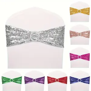 100pcs Sequin Chair Sashes, 6" x 14" Stretchy Spandex Glitter Bows for Wedding, Party, Home Decor - Easy One-Sided Application, Romantic, Engagement, Classic Style
