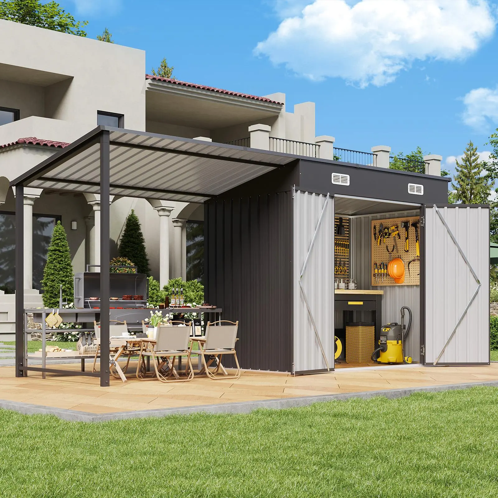 Jolydale 2-in-1 Metal Outdoor Storage Shed & Hardtop Gazebo Combo - 6x4ft Lockable Garden Tool Shed, 12x4ft Open-Sided Pergola, Durable Gazebo Outdoor Patio Shelter for Backyard, Deck,summerwins,outdoorfurnitureset