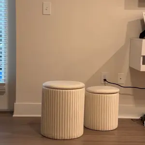 2-Piece Round Storage Ottoman Set - Velvet Vanity Stool with Storage, Green Small Footstool for Bedroom & Living Room, Multi-Use Coffee Table Ottoman, Beige