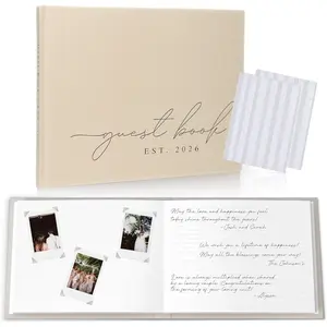 Personalized 2026 Linen Photo Wedding Guest Book 100 Pages Blank & Lined Thick Paper with Self Adhesive Clear Photo Corners for Reception Party Sign-in
