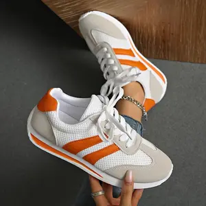 Women’s Low-Top Sneakers – Lace-Up Walking Shoes with Cushioned Sole, White & Orange Accents – All-Season Gym Wear, Casual Shoes for Everyday Outfits – Lightweight Sneakers for Women, Sleek Shoe Design, Durable Traction Footwear