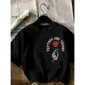 S180g[100%cotton]keleton Hand & Rose Graphic T-Shirt, Vintage Skull & Floral Print Casual Tee, Edgy Grunge Y2K Streetwear for Summer & Daily Outfits, Trendy Retro Alternative Short Sleeve Top (2-Sided Print)