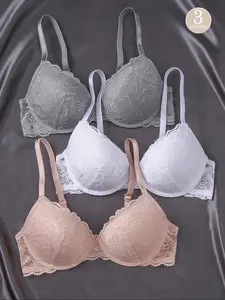 Women's Contrast Floral Lace Push Up Bra, Adjustable Strap Backless Underwire Lingerie Top, Soft Comfy Breathable Underwear for All Seasons