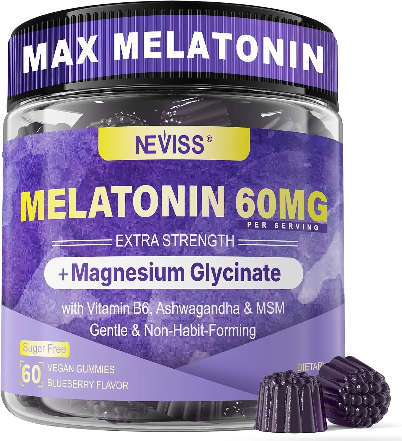 Melatonin Gummies 60mg 30mg for 50+ Adults, High Dose, Extra Strength, 60Ct | With Magnesium Glycinate, Vitamin B6, Ashwagandha & MSM, Non-Habit Forming, Sugar Free, Vegan, Blueberry Flavor