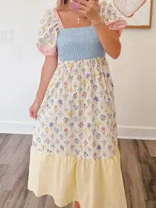 Women's Multicolour Floral Print Striped Color Block Patchwork Square Neck Shirred Long Dress with side pockets Puff Sleeve Smocked Bodice Boho Spring Easter Cottagecore Maxi Dress