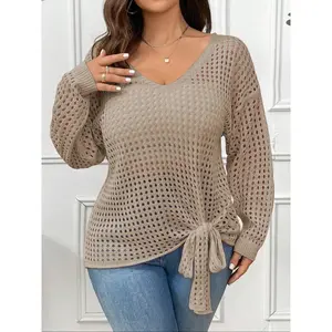 Women's Plus Size Hollow Out Drop Shoulder Knit Sweater, Casual Loose-Fitting Spring & Fall Fashion, Thin Fabric, Knot Design