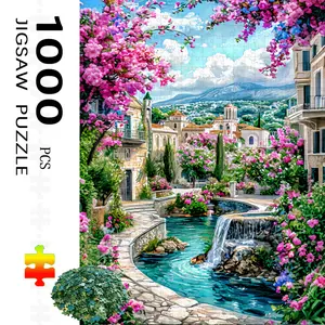 S&H 300/500/1000-piece adult jigsaw puzzle featuring a beautiful landscape of a waterfall and stone path in a floral village. Made with high-quality cardboard, this challenging puzzle is suitable for adults and children aged 14 and above,