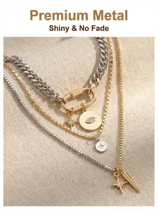 Metallic Minimalist Two-Tone Layered Necklace, Eye-Shaped Pendant, Fashionable Daily Wear, Teacher's Day Gift, Affordable Jewelry