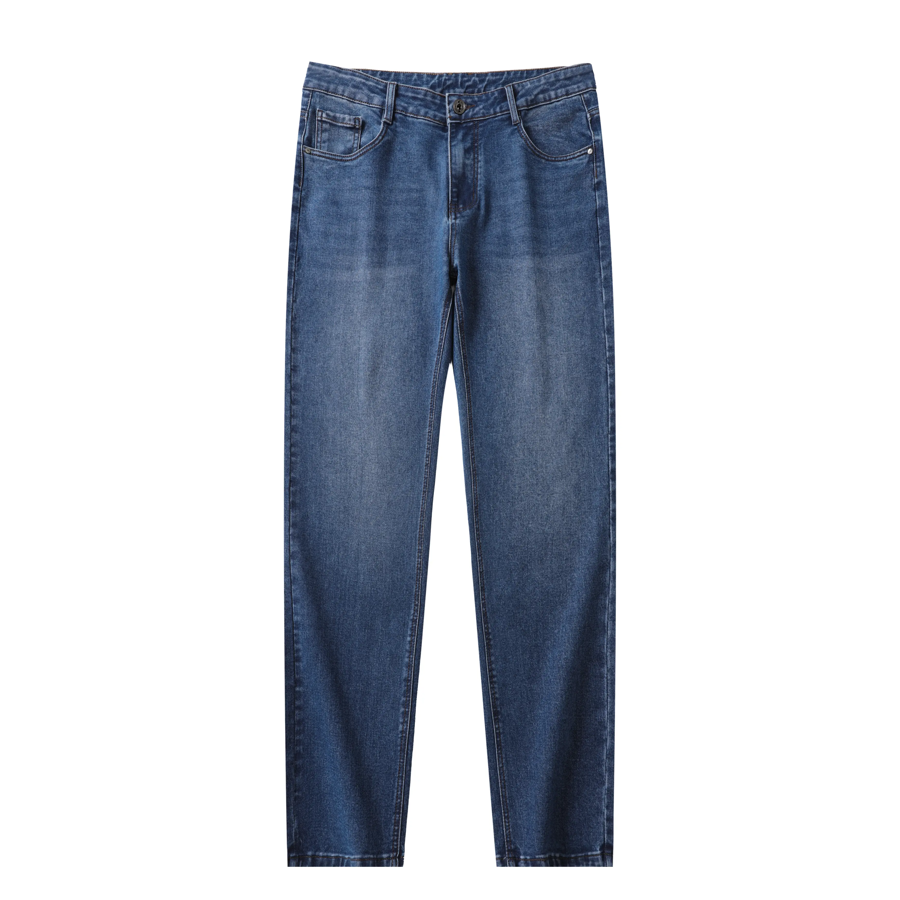 Men’s Washed Blue Straight Leg Jeans, Classic Denim Pants, Casual Everyday Trousers with Pocket Design