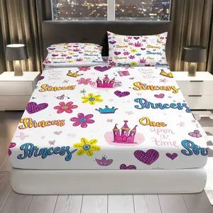 3Pcs  Castle Floral Fitted Sheet Three Piece Set (1*Fitted Sheet+2*Pillowcases, Coreless), Fairy Tale theme, Crown Castle Bedding Set, Mattress protector Soft, Breathable