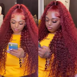 【28 Inch only $119 】99j Burgundy Deep Wave Lace Front Wigs Human Hair 99j 13x6 HD Lace Front Wigs Human Hair 200 Density Deep Wave Wig Pre Plucked Red Colored Curly Wig for Women