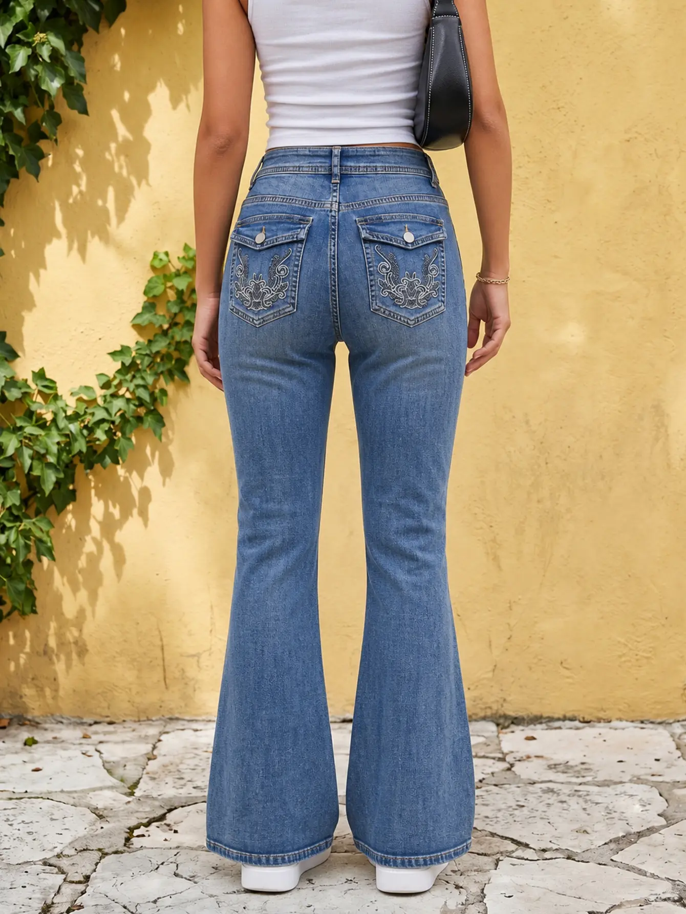 Women’s high-waisted skinny jeans – light-wash stretch bootcut jeans, casual long pants, embroidered jeans, jean-style trousers, high-waisted skinny jeans Basic