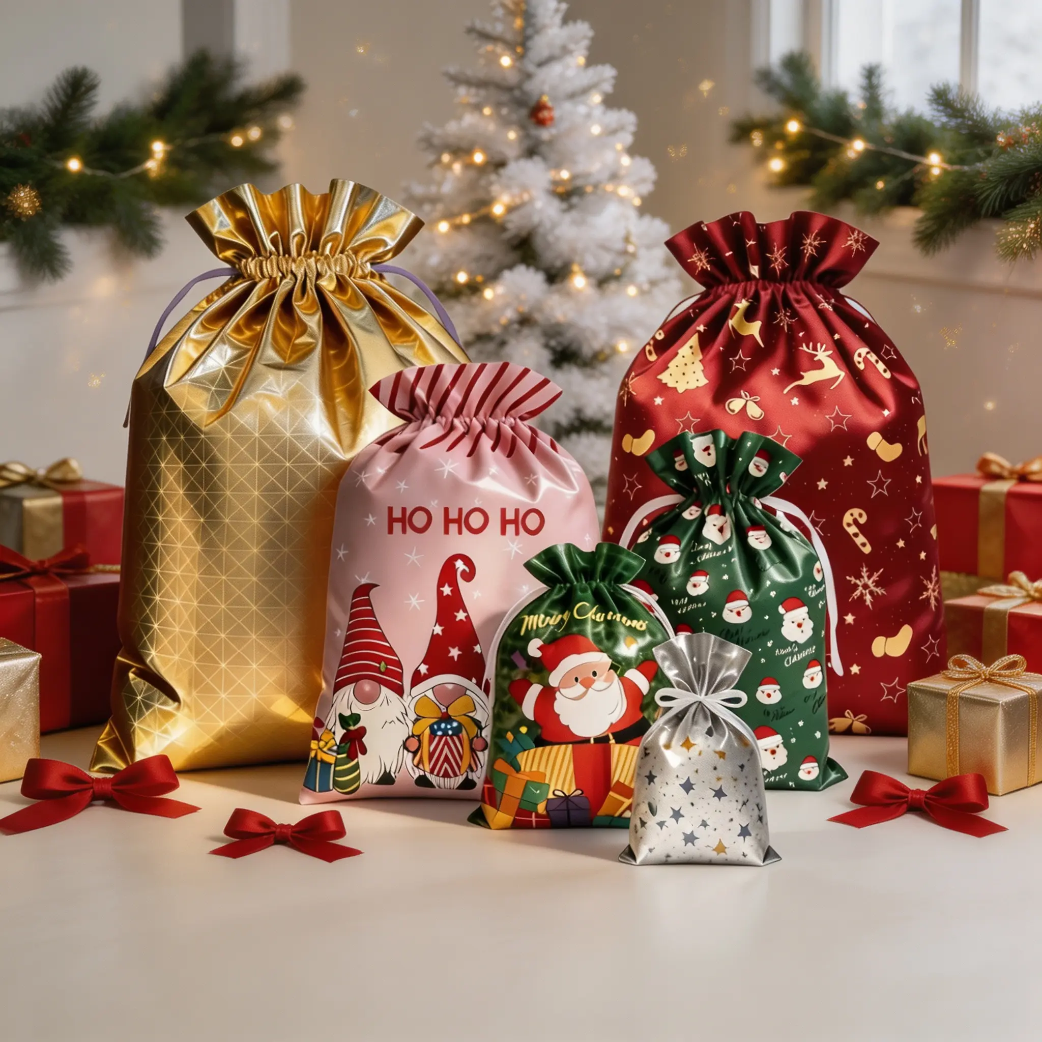 54PCS Reusable Christmas Gift Bags Set, 6 Sizes, 18 Designs, Christmas Drawstring Gift Bags, Reusable Foil Gift Bags with Ribbon Ties, Xmas Gift Wrapping Bags & Gift Pouches for Holiday Presents, Treat Bags, Goodie Bags, Party Favors & Gift Packaging