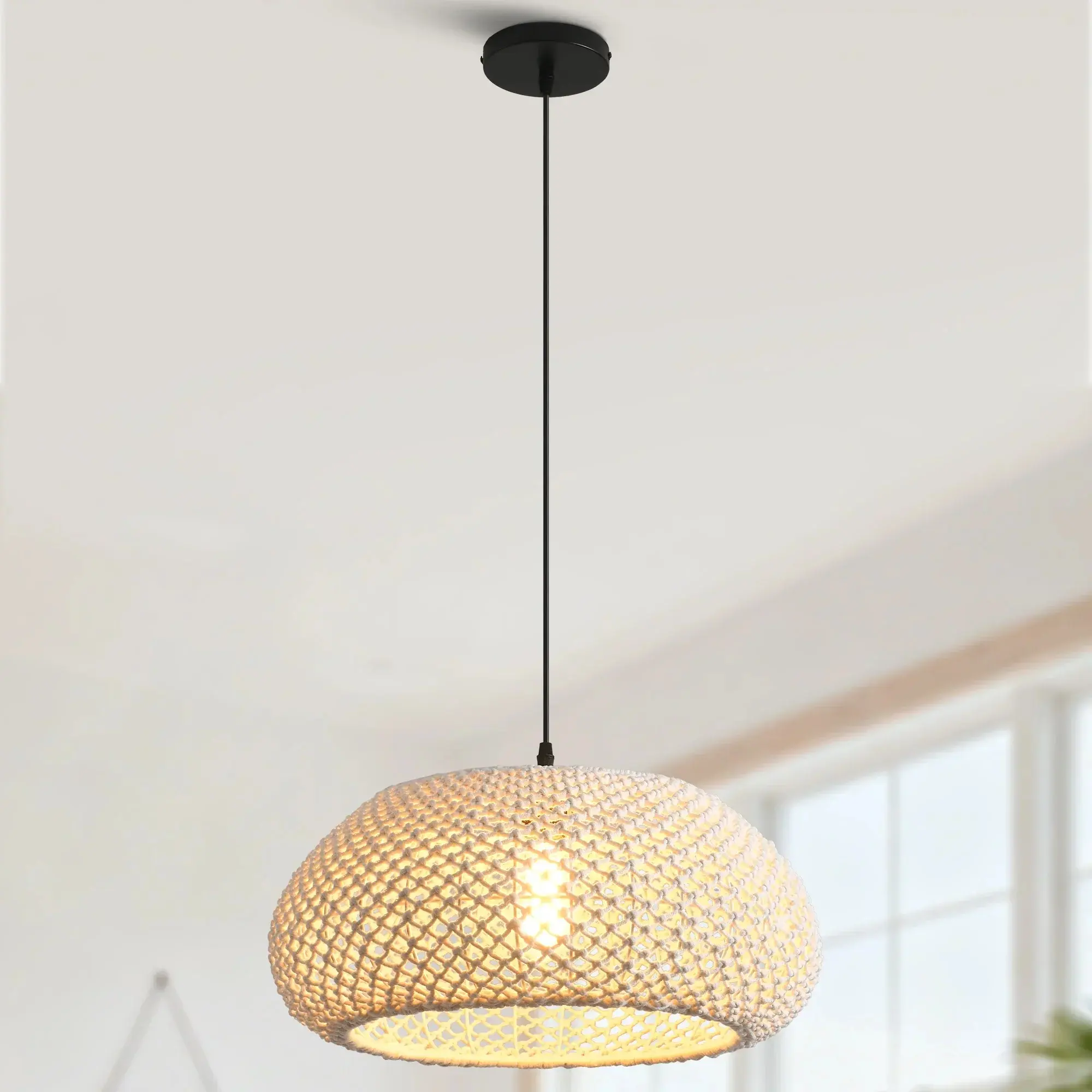 19 Inch Tyler Bohemian Handwoven Cotton Rope Island Pendant Light, Natural Woven Cotton Rope Boho Farmhouse Hanging Ceiling Lamp for Kitchen Island Dining Room Foyer
