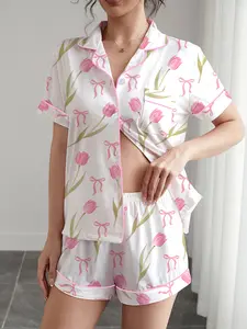 Women's 2-Piece Sleepwear Set, Tulip Bow Print, Short Sleeve Button-Up Top and Elastic Shorts, Casual Home Wear, All Seasons