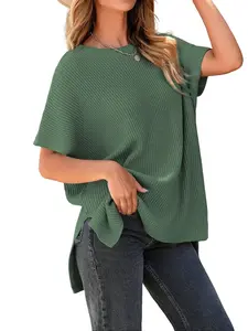 Shewin Women's Oversized Solid Knit Top, Casual Cotton Pullover Sweater with Puff Short Sleeves, Round Neck and Side Slit