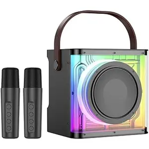 Mini Karaoke Machine with 2 Wireless Microphones for Kids - Adult Portable Car Bluetooth Sing Song Speaker with Handle - Teens Boys Party Light Music Player Rechargeable for Children | Black Audio Smartphone