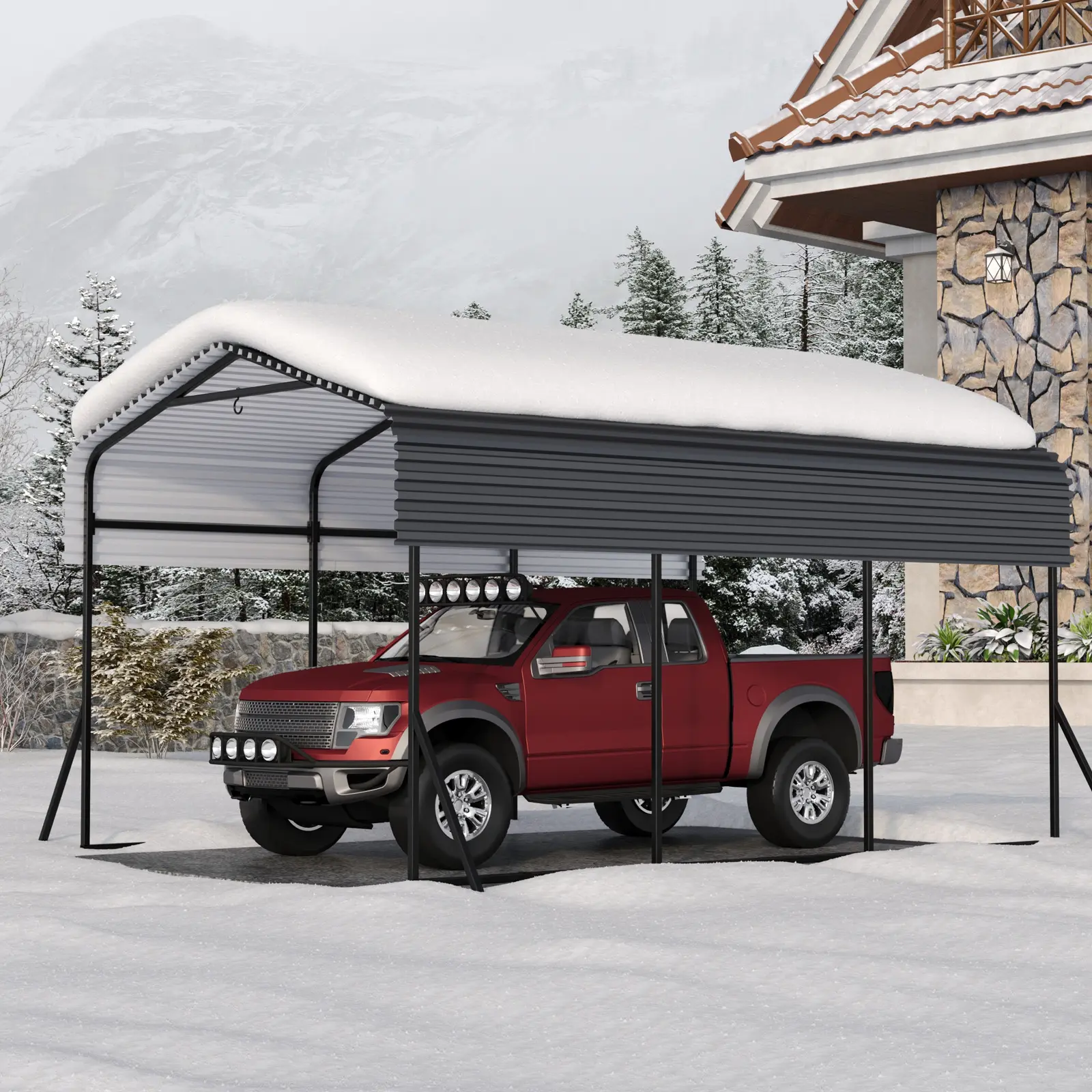 Professional Grade Steel Vehicle Parking Shelter with Galvanized Roof, Heavy Duty Outdoor Garage for SUV and Boat Storage, Weather Resistant All Season Protection