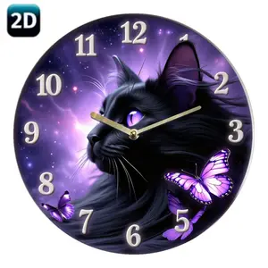 1pc Mysterious Black Cat & Purple Butterfly 2D Silent Wall Clock, Round Wooden Home Decor with Starry Night Design - Perfect for Living Room, Bedroom, Office & Kitchen - Ideal Gift for Cat Lovers & Mother'S Day, Cat Lover Gift|Starry Night Theme|Silent Op