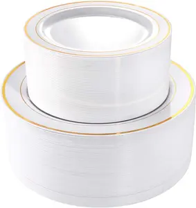 102 Pieces Gold Plastic Plates, Disposable Party Plates White Gold Rim, 51 Disposable Gold Dinner Plates 10.25 Inch and 51 Disposable Dessert Appetizer Elegant Fancy Wedding Plates 7.5 Inch