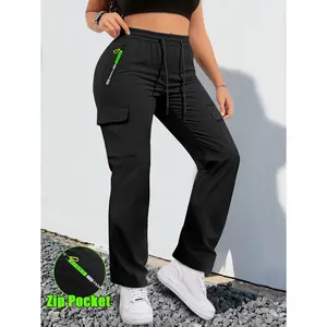Women's Multi-Pocket Cargo Pants - Spring-Fall Casual High-Waisted Loose Drawstring Straight Leg Sports Bottoms with Zipper Pocket, Smooth Slimming Fit Commuter Workwear Trousers (Multiple Colors, Women's Clothes)
