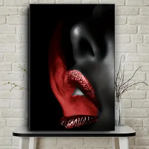 1pc Modern Canvas Art Print with Wooden Frame - Bold Flaming Red Lips Design, Black & Red Abstract Wall Decor for Living Room, Bedroom, Office, and More - Luxurious Contemporary Hanging Artwork, Hallway Decoration |   Modern Canvas Print |   Wooden Frame