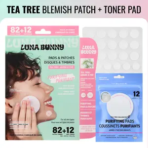 [Luna Bunny] Acne Patches & Purifying Toner Pads Set – Hydrocolloid Pimple Patches for Face, Korean Skincare Acne Spot Treatment with Tea Tree, Non-Drying Facial Toner Pads, 82 Patches + 12 Pads