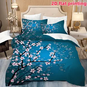 2D flat 3-piece set, Japanese-style cherry blossom quilt set, blue-blue pink flower decorative bedding set soft microfiber adult bedroom decoration (1 quilt cover + 2 pillowcases without filling) beautiful home decoration.