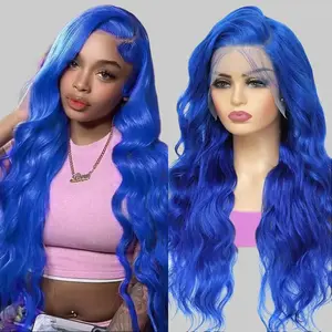 13X6 Blue Lace Front Wig Human Hair 180 Density 13x6 Body Wave Blue Human Hair Wig Pre Plucked With Baby Hair Blue Colored Human Hair Wig Glueless Wigs For Women Real Hair Wig