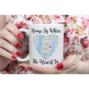 "Home Is Where The Heart Is" Ceramic Mug with Heart-Shaped NYC Map Design - Location Coffee Cup, White with Red Heart Detail