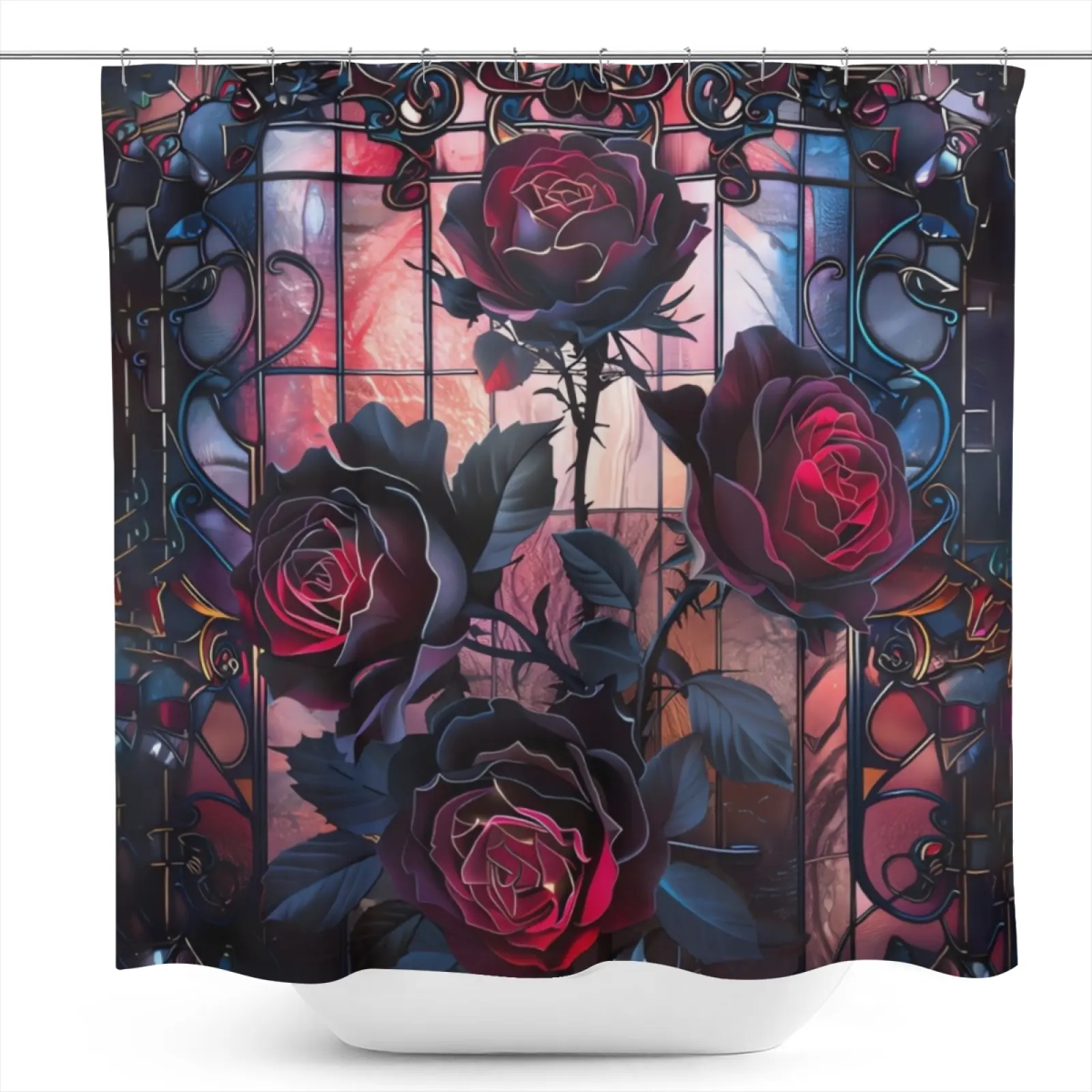 1Pc Gothic Stained Glass Dark Roses pattern shower curtain, waterproof polyester fabric, with 12 hooks, 71 inches wide X 71 inches high, modern art design style, bathroom decoration, suitable for all seasons